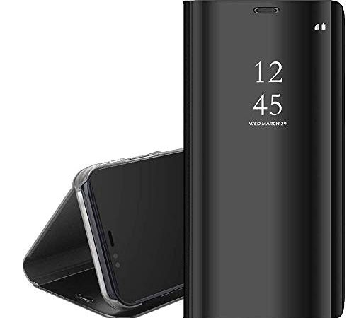 QC-EMART Étui à Rabat pour Samsung Galaxy A10s Coque Effet Brillant Miroir Clear View Cover Housse Portefeuille Style de Livre Case Antichoc 2.0 Version Mise à Jour pour Galaxy A10s Noir