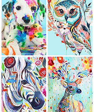 Qhui Diamond Painting Kits, 4 Pack Peinture Diamant pour Enfants et Adultes, Broderie Diamant kit Complet Animaux, 5d Diamant Painting Strass Chien Cheval Hibou Cerf pour Home Wall Decor