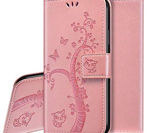 Surakey Etui Coque Huawei P20 Pro,Protection Housse Etui à Rabat en Cuir PU Portefeuille Livre avec Fonction Stand,Mignon Arbre Chat Flip Case Cover Fermeture Magnétique [Pochettes], Or Rose