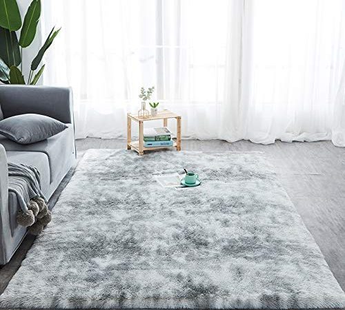 Tapis de salon à poils longs - 160 x 230 cm - Tapis moelleux pour salon, chambre à coucher - Tapis d'extérieur - Gris - Blanc Style shaggy