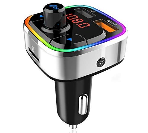 Transmetteur FM Bluetooth, Adaptateur Audio Sans Fil pour Autoradio Kit Voiture Mains Libres Avec Chargeur de Voiture QC3.0 & 5V/2.4A, Rétro-éclairage Coloré,Lecteur de Musique MP3 Support TF Card/USB