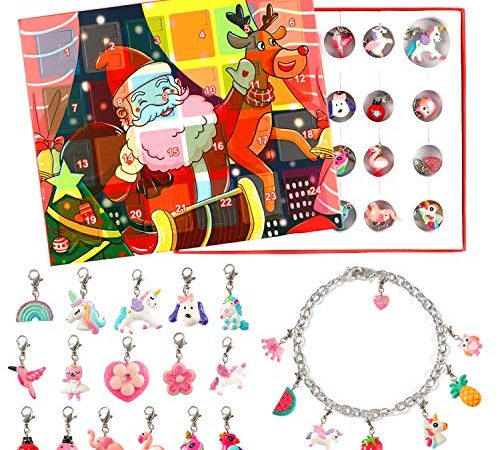 vamei Calendriers de l'Avent 2021 Filles DIY Bracelet Collier Bijoux Enfants Fille Licorne Anniversaire Cadeaux Filles Breloques Creation Bijoux Calendrier de l'avent(Comprend Bracelet et Collier)