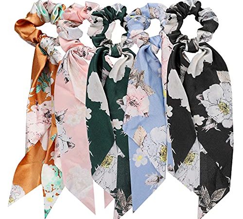 5pcs Écharpe Chouchou à Cheveux, Floral Foulard à Cheveux Chouchou Satin Hair Band Élastique avec Nœud Détachable Ponytail Holder Queue de Cheval Accessoires de Cheveux pour Femme Fille