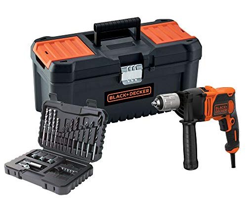 BLACK+DECKER BEH850KA32-QS Perceuse à percussion filaire - 54 400 cps/min - 32 accessoires - Guide de profondeur - Poignée latérale - Livrée en boite à outils 850W