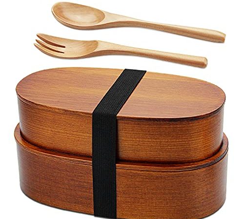 Boîte à déjeuner Bento de style traditionnel japonais, 2 couches, respectueux de l'environnement, en bois naturel pour sushis, fruits, livré avec un kit de cuillère et fourchette