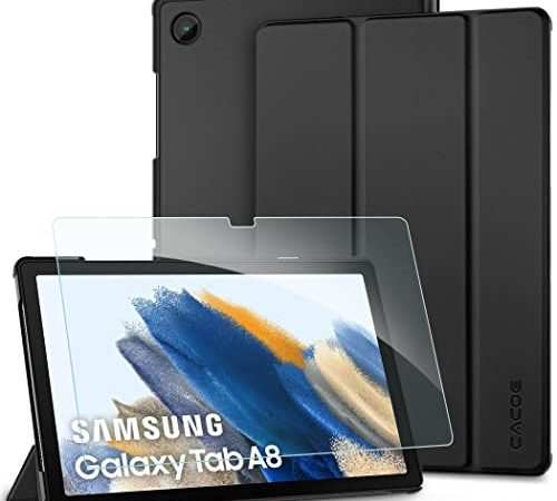 CACOE Coque Compatible avec Samsung Galaxy Tab A8 10.5 2021, Fin Étui avec Verre Trempé avec Fonction Support Veille/Réveil pour SM-X200/ X205, Noir
