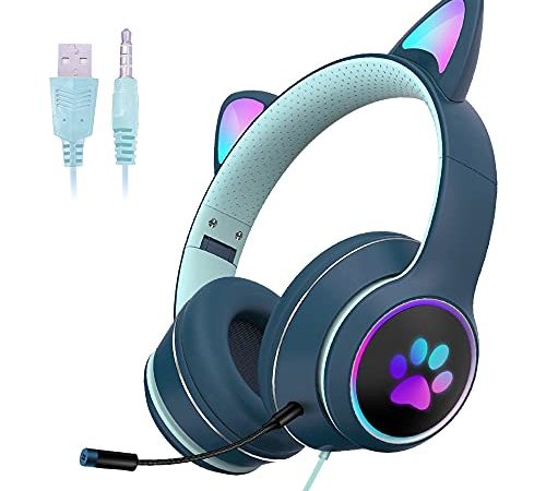 Casque d'écoute de Chat Filaire à LED avec Casque de Jeu pour Adultes et Adolescents, Bandeau rembourré réglable, Microphone détachable, Suppression du Bruit et lumière RVB (Bleu, USB + Jack 3,5 mm)