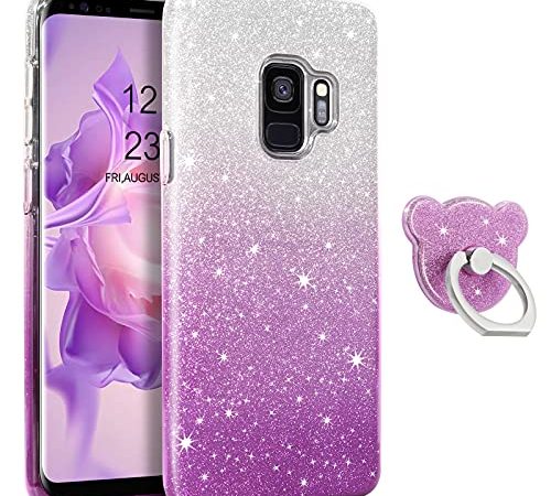 DUEDUE Coque Samsung S9 Protection avec Anneau Antichoc Paillettes Fille Disney Housse Samsung Galaxy S9 Coque Bague Rotatif Fine Violet