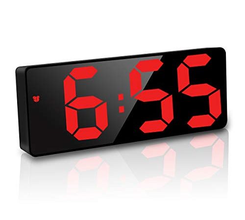 JQGo Réveil Numérique, 6,7" LED Miroir Horlogue Digitale Réveil de Chevet Réveil Matin, Activation vocale/Non Ticking/Snooze/Température/Datetime Luminosité Réglable pour Enfants Adultes ,Rouge