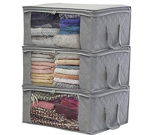 JSENGE Sac de Rangement Vetement Pliable, Lot de 3 Sac Boite Rangement sous Lit, Étanche en épais Non-tissé, pour Édredons Couvertures Oreillers Jouets Vestes Vêtements, 48 x 35 x 20 cm (Gris)