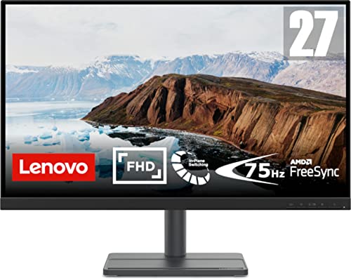 Lenovo L27e-30 - Écran Gaming 27" (FHD, IPS, 75Hz, 4 ms, HDMI+VGA, Cable HDMI, FreeSync, Support pour Téléphone) Réglage en inclinaison - Noir