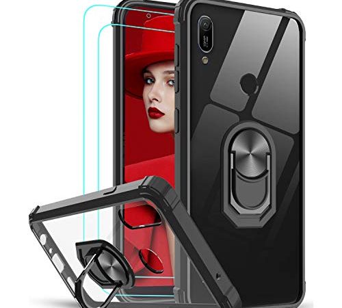 LeYi Coque pour Huawei P20 Lite avec Verre trempé [Lot de 2], Cristal Transparente Anneau Support Militaire AIR Cushion Antichoc Protection Etui Rigide Bumper Silicone Housse Huawei P20 Lite Noir