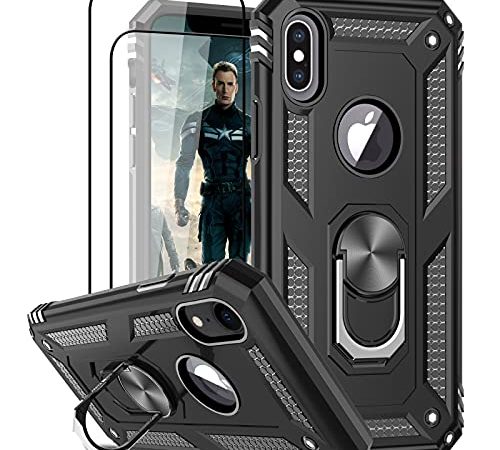 LeYi Coque pour iPhone X/XS avec 2 Verre Trempé, Anneau Support Militaire Anti-Chute Double Couche Renforcée Défense Rigide Etui Protection pour iPhone X/XS Noir