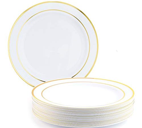 MATANA 25 Assiettes Blanches avec Bordure Dorée pour Mariages, Anniversaires & Fêtes, 26cm - Solide & Réutilisable