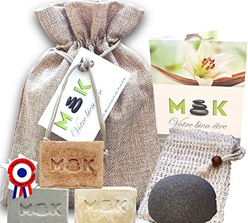 M'K - BIO - Saponifié à froid - artisanal - huile d'olive - Coffret femme bien-être : 3 X 100g NATUREL/ARGILE/CURCUMA + sac Jute + Sac sisal + Eponge Konjac + guide - Cadeau femme anniversaire - F