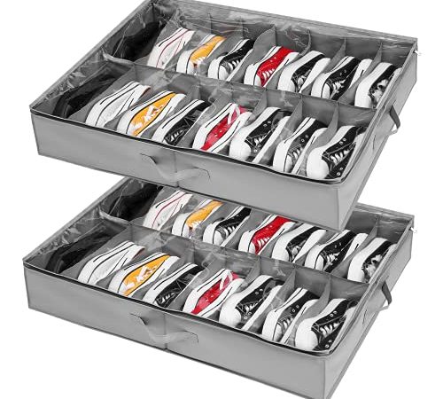 Rangement sous Lit pour Range Chaussures Gain de Place Lot de 2, Pour 32 Paires de Chaussures, Sac Rangement, Boîte de Rangement Tissu pour Organisateur Chaussures avec Poignee et Fenêtre Transparente