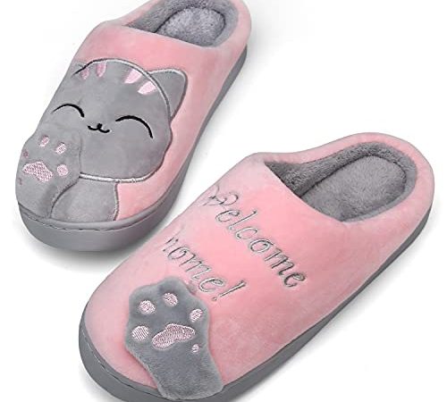 SAGUARO Femmes Mousse À Mémoire Chaussons Doux Chaud Peluche Doublure Pantoufles Unisexe Hiver Chat Chaussures d'intérieur, Rose 39/40 EU=40/41 CN