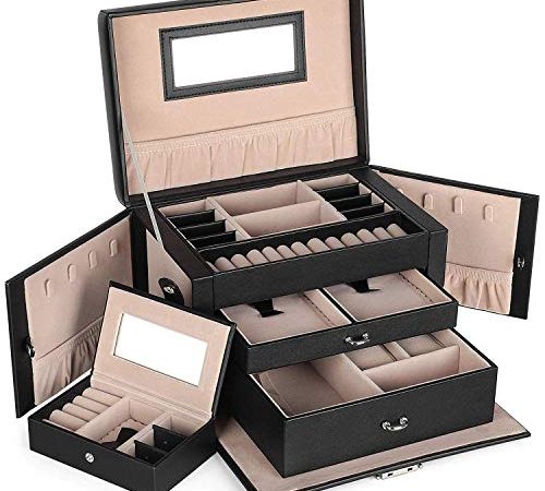 SONGMICS Boîte à bijoux, Organisateur à bijoux avec 2 tiroirs, Coffre à bijoux verrouillable avec miroir, Boîte de voyage portable, doublure en velours, idée cadeau, Noir JBC121B