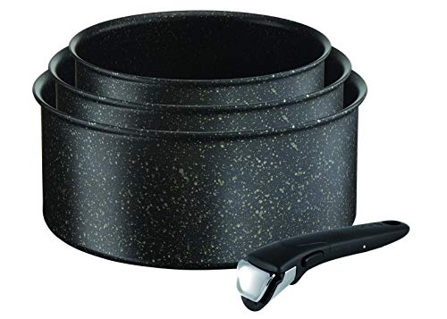 Tefal Ingenio Authentic, Set de 3 casseroles 16/18/20 cm (1,5/2,1/3 L) + poignée amovible, Batterie de cuisine induction, Antiadhésif, Fabriqué en France, Noir moucheté L6719012