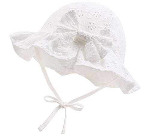 XIAOHAWANG Dentelle Noeud été Chapeau pour Bébé Fille Coton Chapeaux de Soleil Nouveau Né Nourrisson Bébé Bonnet (Blanc, 44cm(0 à 3 Mois))