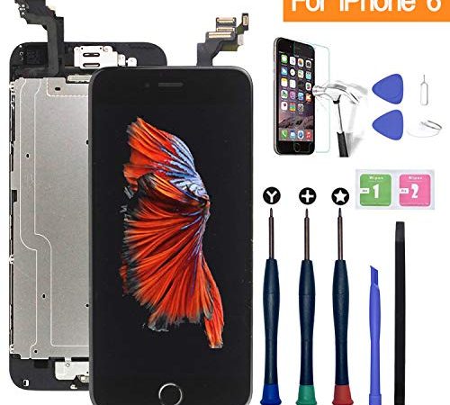 Xlhama Remplacement Écran Complet pour iPhone 6 Noir 4,7" avec Outils de Réparation Bouton Home Caméra Frontale Capteur de Proximité Haut-Parleur Feuille en Verre Trempé Tout Assemblé