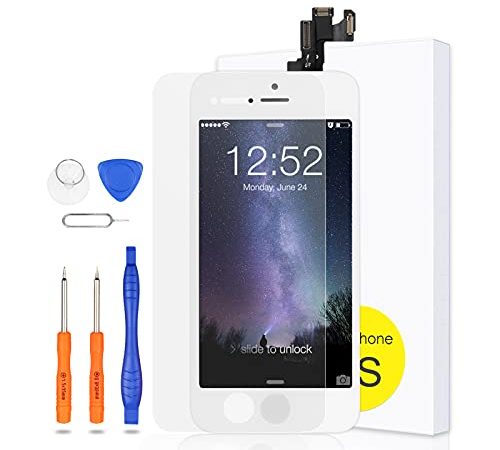 Yodoit Écran pour iPhone 5S/SE Blanc Complet avec Home Bouton, Caméra Frontale, Haut Parleur Interne, 4,0" LCD Vitre Tactile + Kit de Réparation