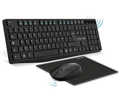 Advance – Pack Elite Wireless Combo - Clavier et Souris sans Fil + Tapis – Clavier Bureautique 105 Touches Slim AZERTY – Souris Optique 1600DPI Max et Molette Silencieuse – Tapis Antidérapant