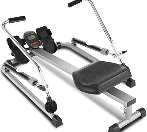 ANCHEER Rameur de Fitness Rameur de Sport 12 Niveaux de résistance/Affichage LCD/Support de Tablette/Système Silencieux/Pédale antidérapante/Siège réglable/Charge Max:220-265 lbs (Gris+12Niveaux)