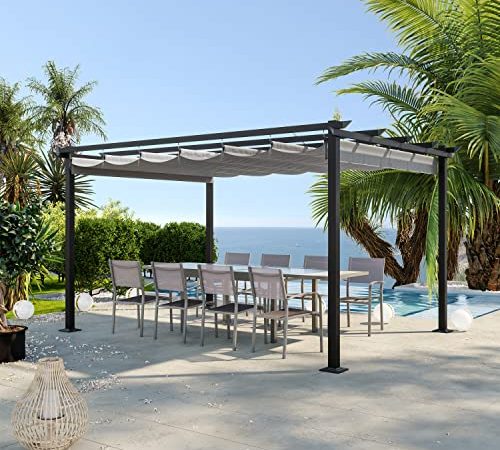 Avril Paris Tonnelle/Pergola en Aluminium 3x4m Toile coulissante rétractable - Gris - Havana