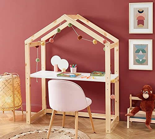 BAÏTA TINY03 Bureau évolutif Enfant cabane, Bois de pin, Blanc, L120cm