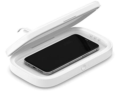 Belkin Stérilisateur UV avec chargeur sans fil intégré (élimination jusqu’à 99 % des bactéries sur téléphones, clés, cartes de crédit, pour iPhone, Samsung, Google, adaptateur secteur inclus)