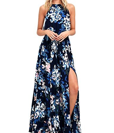 chuangminghangqi Femmes Fleurs Robe de soirée Longue Robe de Plage d'été sans Manches Bandeaux Imprimee Party Soirée Cérémonie (Bleu, L)