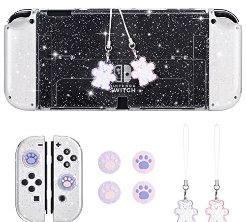 DLseego Coque de Protection Argente Transparente Brilliante Compatible avec Nintendo Switch OLED. avec 3D Capuchons de Patte de Chat Rose et Violet pour Joysticks et des Accessoires des Petits Ours