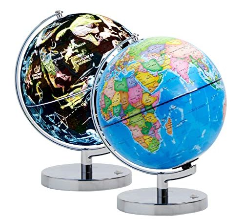 EXERZ 23cm Globe Lumineux - Carte en Français- Globe Terrestre Support en Métal - Carte Politique (Jour) - Etoiles et Constellations (Nuit) - Lampe LED sans câble - Amusant et éducatif