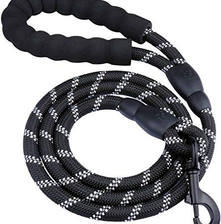 Laisse Corde pour Chien 1.5m Noir Réfléchissante Laisse pour Chien en Nylon avec Poignée Rembourrée Douce pour Moyens ou Grands Chiens à Promenade Randonnée