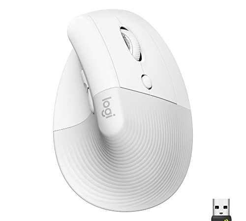 Logitech Lift Souris Ergonomique Verticale, Sans Fil, Bluetooth ou récepteur USB Logi Bolt, Silencieuse, 4 boutons, Compatible avec Windows/macOS/iPadOS, Ordinateur Portable, PC - Blanc