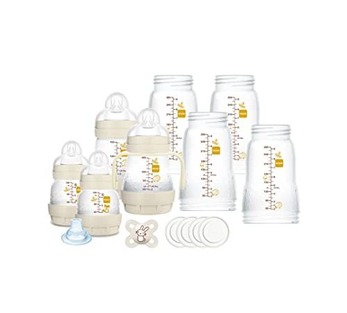 Mam Set de Biberon Easy Start Anti-Colic, 8 Biberon en formats de 130 ml, 160 ml et 260 ml, 1 sucette Start Nanò, 4 disques scellants, 1 bec extra doux et poignées, couleur beige - 730 g