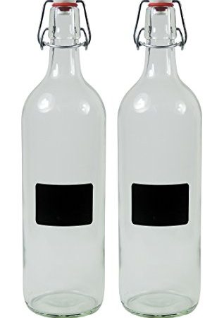 mikken - 2 bouteilles en verre vides de 1000 ml avec bouchon à étrier en porcelaine à remplir soi-même, avec 2 étiquettes inscriptibles.