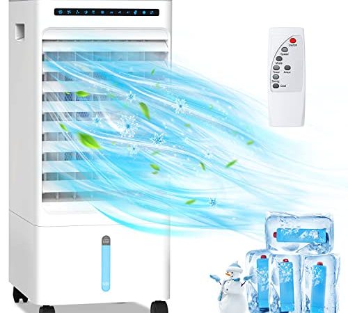 ROIPUS Climatiseur Mobile Silencieux, 4 en 1 Refroidisseur d'air Portable Ventilateur Purificateur Humidificateur avec Roues et Réservoir d'eau 5L, 3 Modes,3 Vitesses, Télécommande, Minuterie