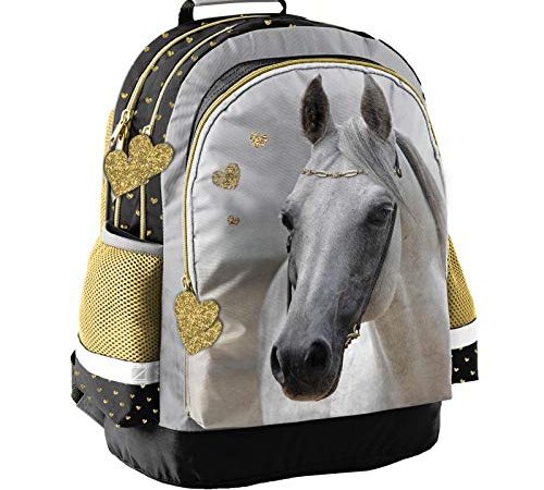 Sac à dos pour enfant - 42 x 29 x 17 cm - Motif cheval - Doré, blanc, noir