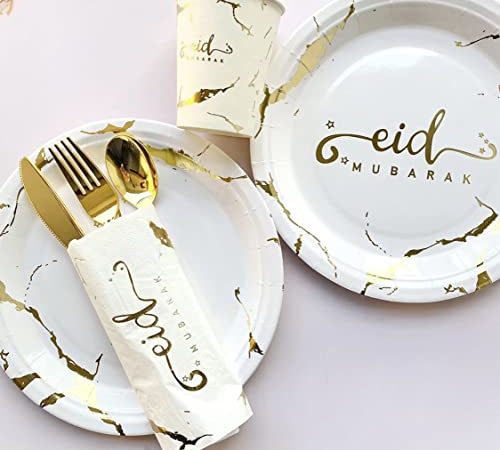 Set de table décoration Aid Moubarak assiette verre serviette Doré-Set of disposables Eid Mubarak Gold