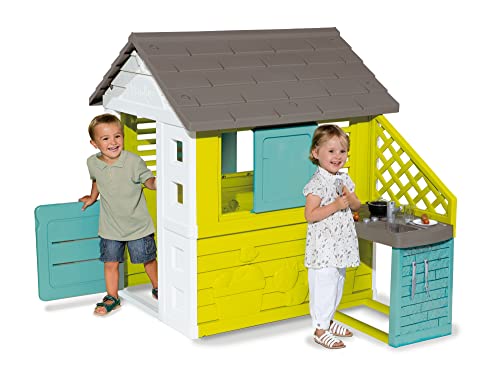 Smoby - Maison Pretty + Cuisine d'Eté - Cabane de Jardin Enfant - Persiennes et Volets Coulissants - 17 Accessoires - 810722