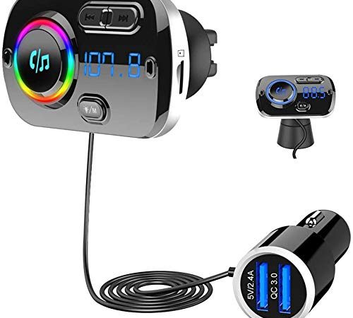 SONRU Transmetteur FM Bluetooth 5.0, Adaptateur Radio FM Émetteur Kit Main Libre QC3.0 USB Chargeur Voiture, Support Carte TF/Audio 3,5mm / Siri/Google, Lumière Colorée, Clair Son, 1,1 m Câble