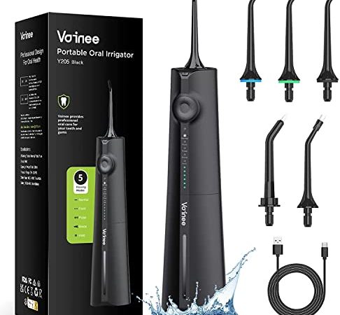 Voinee Care Jet Dentaire Hydropulseur, Jet Dentaire Portable 5 Modes et 5 Buses de Rechange,6 Pressions Réglables, Irrigateur Oral Professionnel Réservoir 230ml IPX7 étanche rechargeable de Voyage