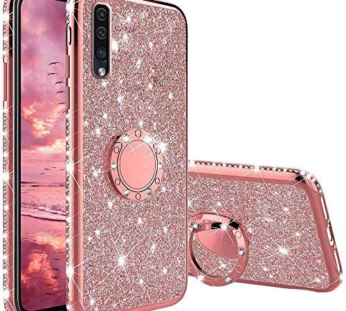 XTCASE Coque pour Samsung Galaxy A50, Paillette Strass Brillante Glitter Souple Silicone TPU Étui avec Support Bague Bling Bling Sparkle Housse Antichoc Anti-Rayures - Or Rose