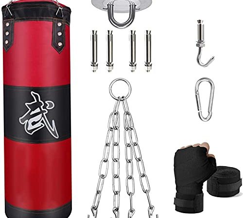 ZERUIDM Sacs de Frappe Kit, Sac de Boxe 80cm Non-Rempli pour Enfan Adultes avec Bandage de Boxe, chaînes et Crochet, Formation pour Kickboxing MMA Muay Thai Karate Taekwondo Punching Bag