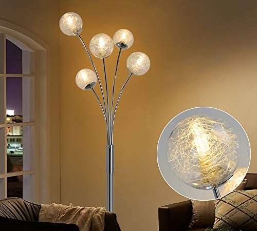 Depuley Lampadaire 5 LED Boule en Verre Avec Liseuse Flexible&Interrupteur de Pied Design Moderne, Lampe sur Pied Salon en Métal Argent, pour Chambre, salon, 177.5 cm (Ampoules G9 Non Inclus)