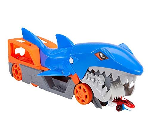 Hot Wheels City Requin Transporteur, camion qui avale les petites voitures et peut en contenir jusqu’à 5, un véhicule inclus, jouet pour enfant, GVG36