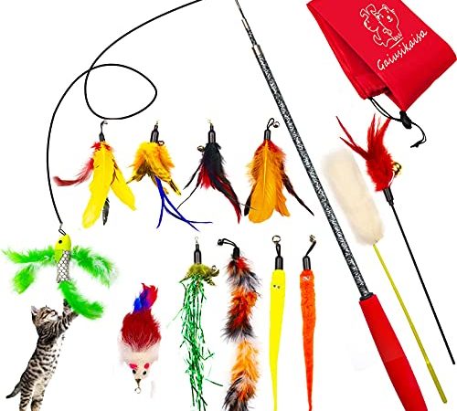 Jouet à Plumes pour Chats, 13 Pièces Jouet Chat lot, 1 Rétractable Canne a Peche Jouet avec 10 Jouets de Plumes 2 Baguette de Chat, Intérieur Jouet Chat Interactif, Jouet pour Chatons