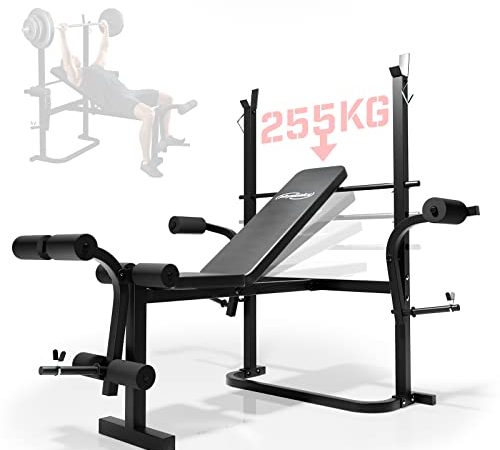 Physionics® Banc de Musculation Multifonction - Inclinable, Dossier Réglable, Butterfly, Fixation Jambes, Support Haltères, Charge Max. 255 kg - Station, Banc d'Haltérophilie Complet, Fitness